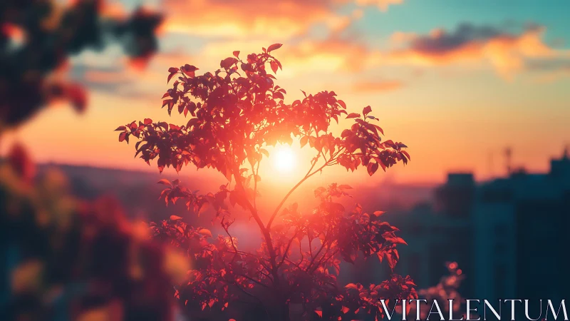 Sunset-tinted leaves drink the last light over quiet rooftops