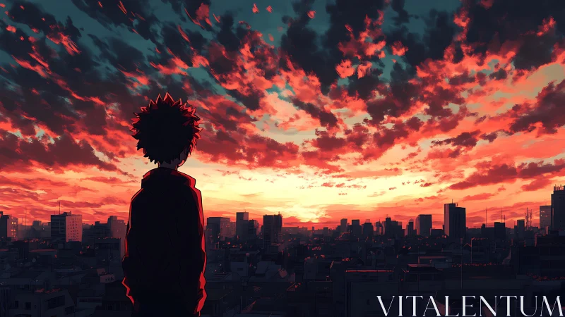 Silhouetted figure observes dense urban skyline at sunset