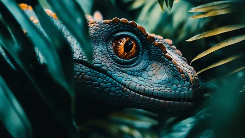 Jungle raptor gaze burning through neon emerald leaves.