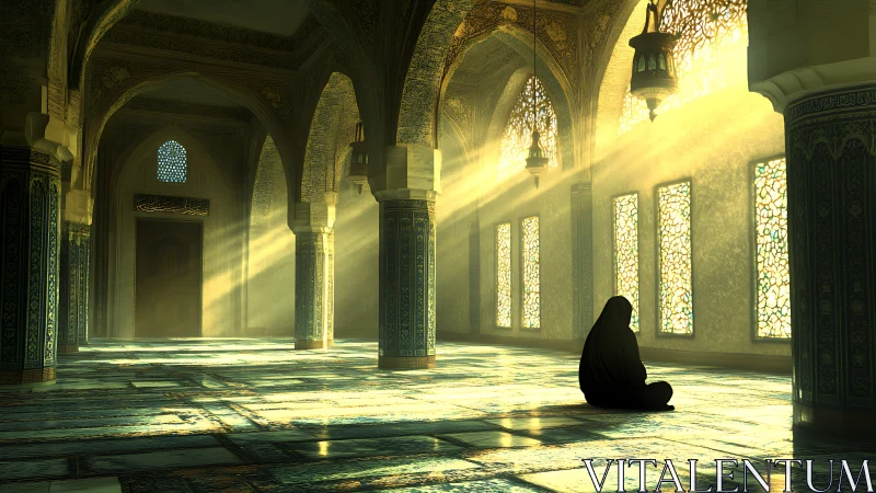 Soft morning light in a quiet sunlit prayer hall.
