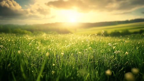 Sunlit grass field is viewed at low angle under cloudy sky