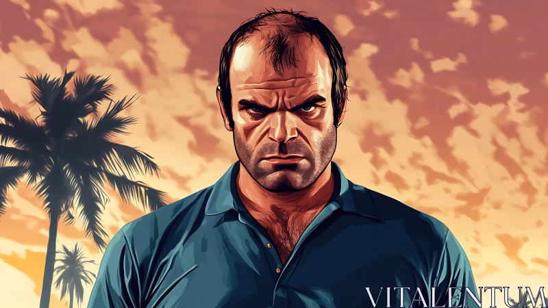 Brooding middle‑aged man under vivid tropical sunset sky.