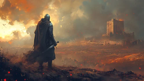 Armored lone knight observing distant burning fortress.