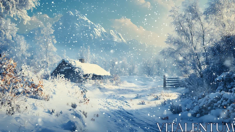 Snow covered cabin and path in quiet mountain valley.