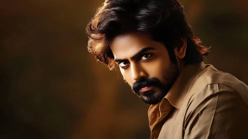 Photorealistic male portrait with cinematic warm rim lighting.