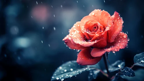 Crimson bloom glistening under rain's crystalline embrace.