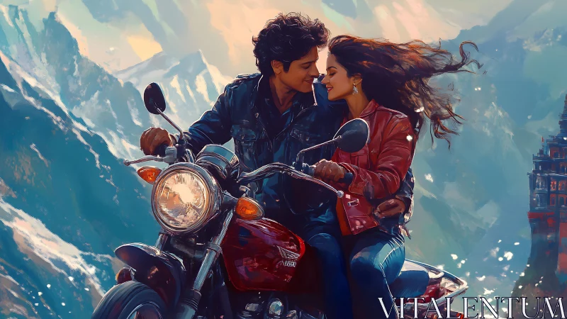 Motorcycle riders on mountain road in stylized digital scene.