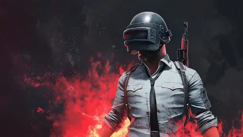 Helmeted battle royale fighter emerging through red flames.