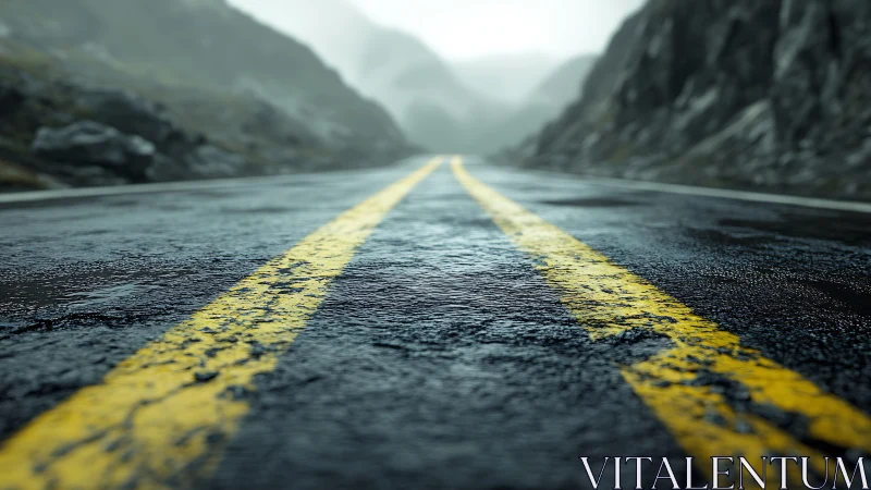 Wet mountain road surface with yellow center lines.