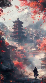 Crimson petals escort a lone wanderer through misted pagodas