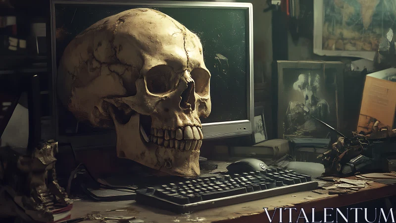 Human skull model on cluttered workstation with monitor.