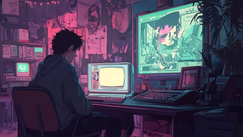 Neon night coder communes with glitchy retro machines.