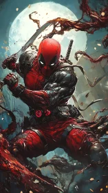 Red masked swordsman attacks amid tendrils under full moon