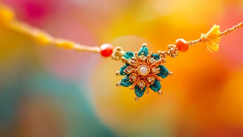 Ornate rakhi jewel glows against a vivid festive bokeh.