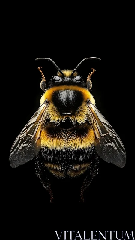 Hyper-detailed bumblebee portrait on deep black field.