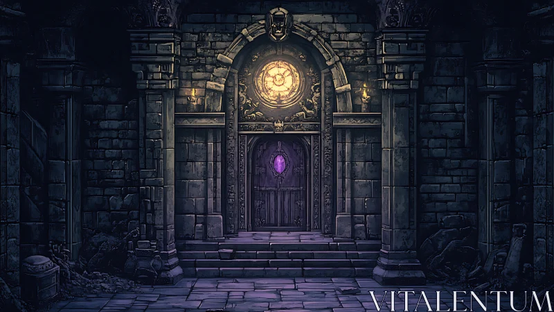 Stone doorway in dim corridor is illuminated by central lights