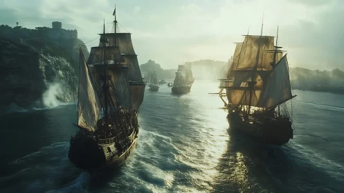 Sunlit tall ships gliding through a misty coastal passage.