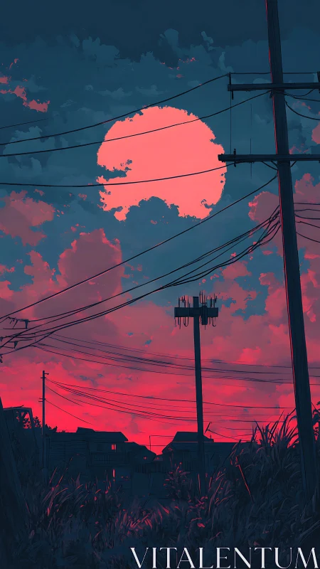 Neon dusk sky glows behind silhouetted power lines and homes.