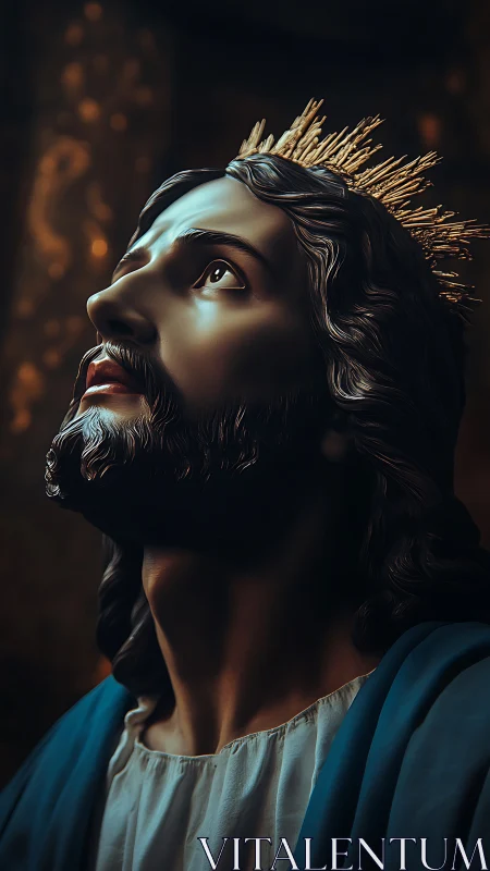 Devotional portrait shows radiant crowned figure in prayerful light