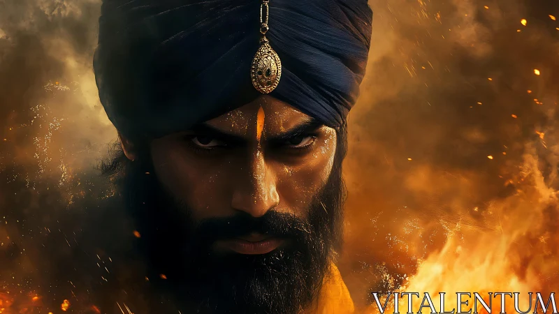 Bearded turbaned man in close frontal view amid flames.