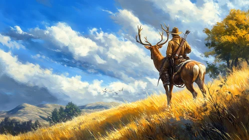 Hunter rides stag through golden hillside under vast sky.
