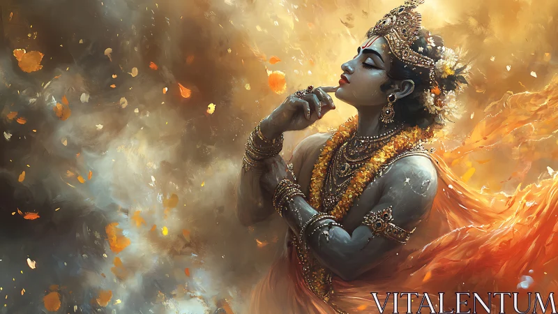 Divine blue-skinned figure in dynamic warm-toned particulate field