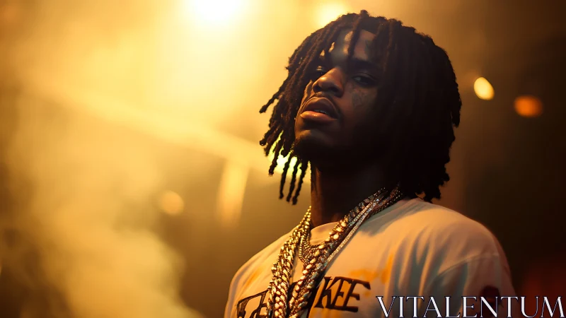 Portrait of a man under warm stage lighting in shallow focus