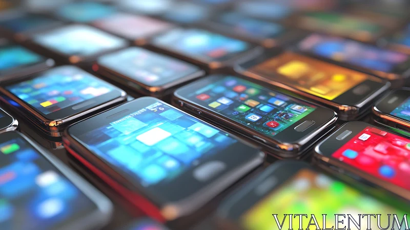 Smartphones lie in dense rows with glowing home screens