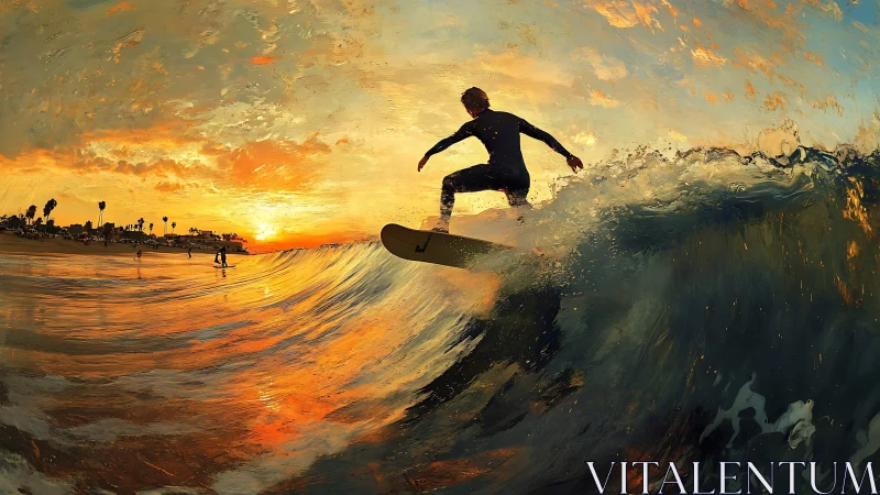 Surfer rides glowing sunset wave near crowded shoreline