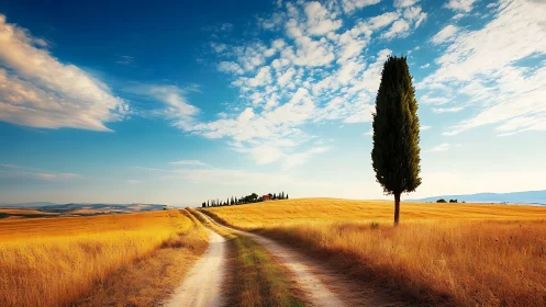 Golden country road under vast blue sky in summer fields.