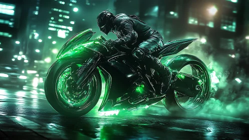 Cyberpunk street racer on neon-infused futuristic superbike.