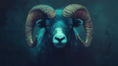 Majestic ram portrait glows against deep teal void