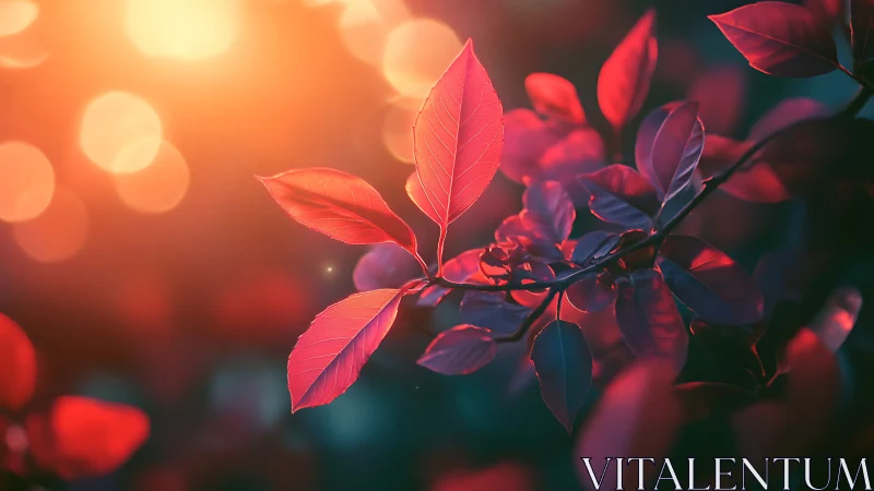 Sunlit ruby leaves glowing in a dreamy evening garden.