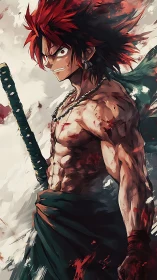 Battle-scarred crimson swordsman ignites a storm of fury.