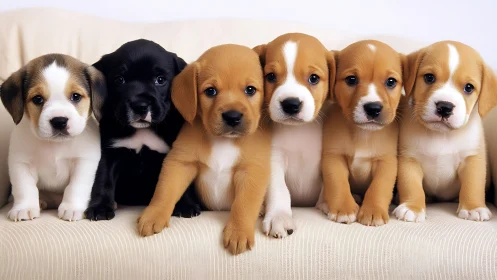 Snuggly row of puppies brightens a cozy cream sofa