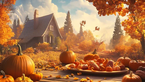 Autumn pumpkin harvest tableau before rustic forest cabin.