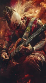 Fiery tattooed guitarist lost in an electrifying solo.