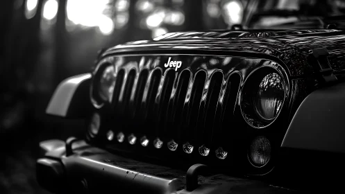 Monochrome Jeep front grille rendered with shallow depth of field