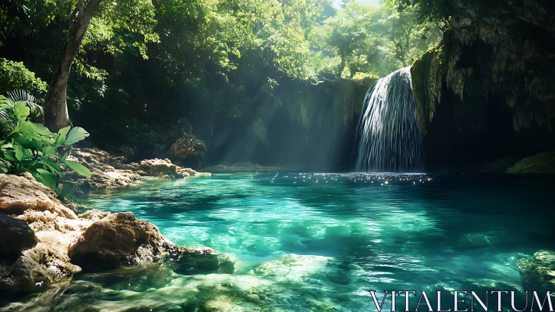 Tropical limestone grotto pool with cascading waterfall and caustics