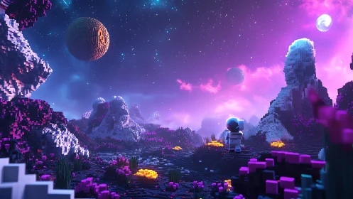 Voxel astronaut exploring neon alien valley at dusk.