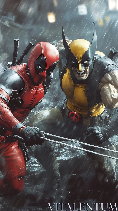 Dynamic dual-hero action render in cinematic rain-soaked combat