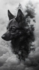 Wolf profile merges with dense forest mist in monochrome art