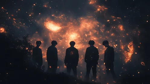 Silhouetted group faces burning cosmic sky at night.