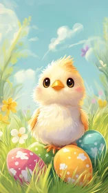 Digital painting of spring chick with stylized Easter eggs.
