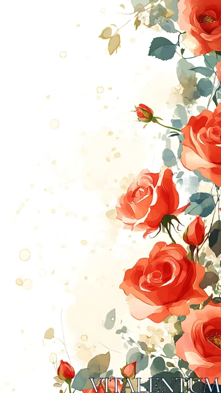 Coral roses with foliage on cream background