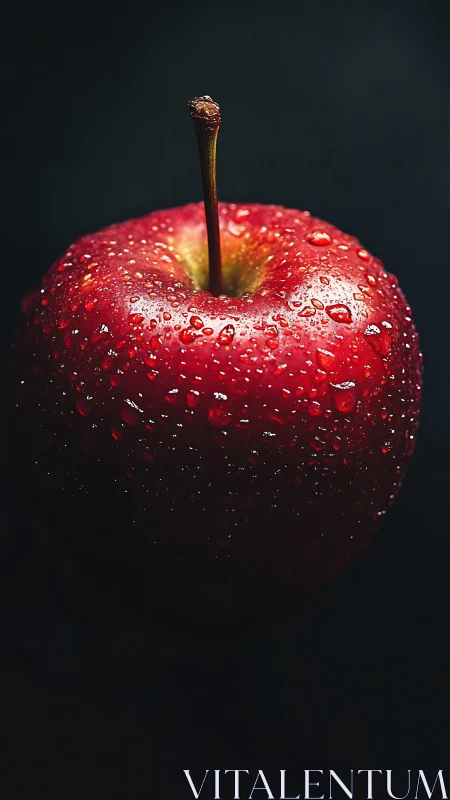 Red apple macro shot glistens with crisp water droplets.