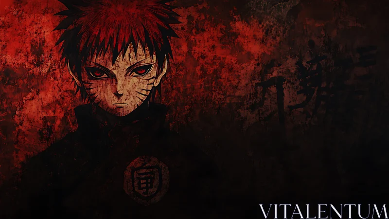 Brooding red-eyed shinobi in a storm of smeared crimson shadows.