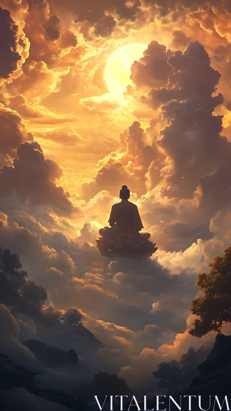 Silhouetted seated figure above cloudscape under bright sun.