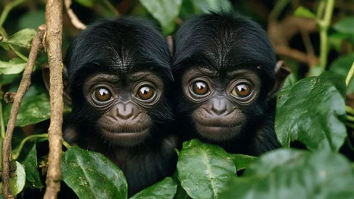 Twin infant primates with glossy eyes in dense green foliage
