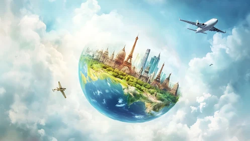 Global travel sphere with iconic city skylines in clouds.